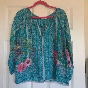 Johnny Was 100% Silk Blouse Tropical Flowers XS